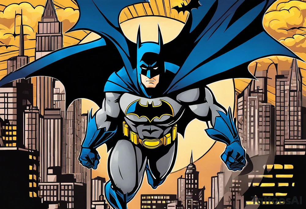 Batman with Batman-Logo and Gotham city in background. Bat signal is active. Batman ist swinging around in the city tattoo idea