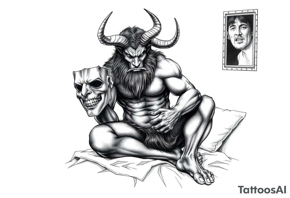 a minotaur holding a mans mask sittind on bed corner tattoo idea