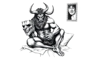 a minotaur holding a mans mask sittind on bed corner tattoo idea