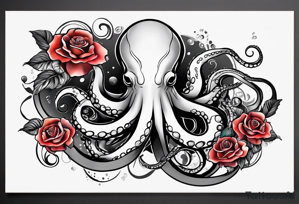 abstract gender-neutral Octopus Arm Sleeve tattoo with subtle facial features, a small rose, water swirls tattoo idea