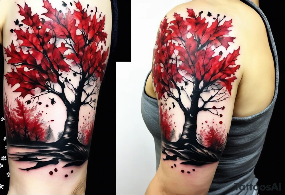 trash polka style. Arm tattoo. chest tattoo. Long tattoo. large tattoo. Full sleeve. Shoulder. A single large maple tree with red autumn leaves that branches upwards from wrist to shoulder. White-throated dipper bird on the trees branches. Calluna flowers at the base of the trees stem. Tree stem has dark colors. Red/yellow sunset behind the trees stem. Leaves falling. tattoo idea