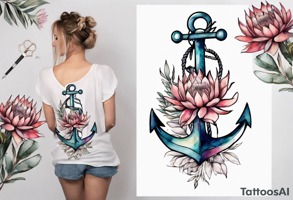 Very feminine tattoo of an anchor and protea flowers and the verse: God is within her, she will not fall. tattoo idea