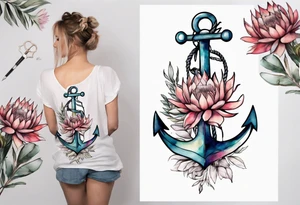 Very feminine tattoo of an anchor and protea flowers and the verse: God is within her, she will not fall. tattoo idea
