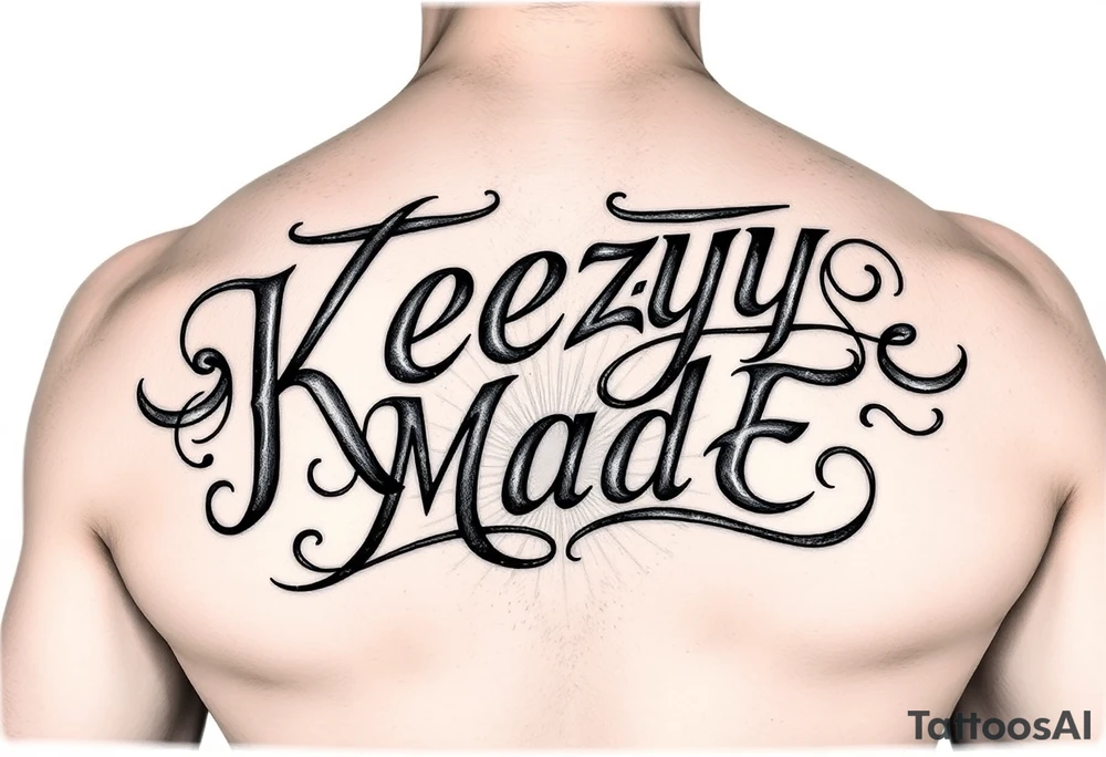 A fancy but rugged intertwined arched curvy lettering that would be clothing brand style that says (KeezY MadE) tattoo idea