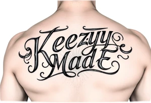 A fancy but rugged intertwined arched curvy lettering that would be clothing brand style that says (KeezY MadE) tattoo idea