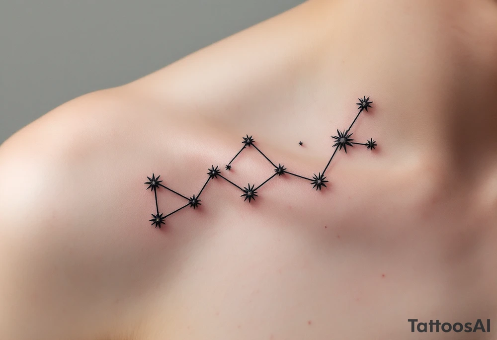 A minimalist black Sagittarius constellation with fine-line stars connected by soft silver threads across the shoulder blade. tattoo idea