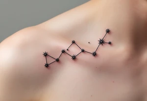 A minimalist black Sagittarius constellation with fine-line stars connected by soft silver threads across the shoulder blade. tattoo idea