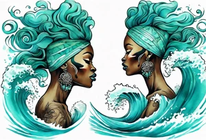 a beautiful turquoise african face emerging from an ocean wave, crashing onto the shore tattoo idea