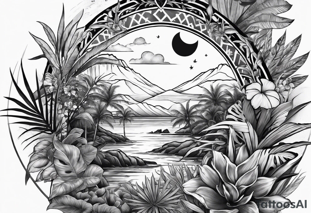 sleeve tattoo with jungle plants and Vegvisir, moon and beach tattoo idea