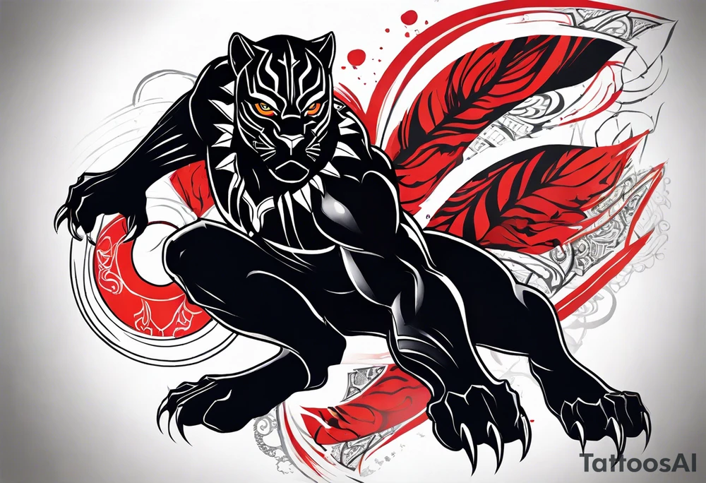 unique black panther tattoo, dynamic pose, showcasing its strength and grace, striking red eyes, intense and captivating elements, artistic flair, blending realism with abstract elements tattoo idea