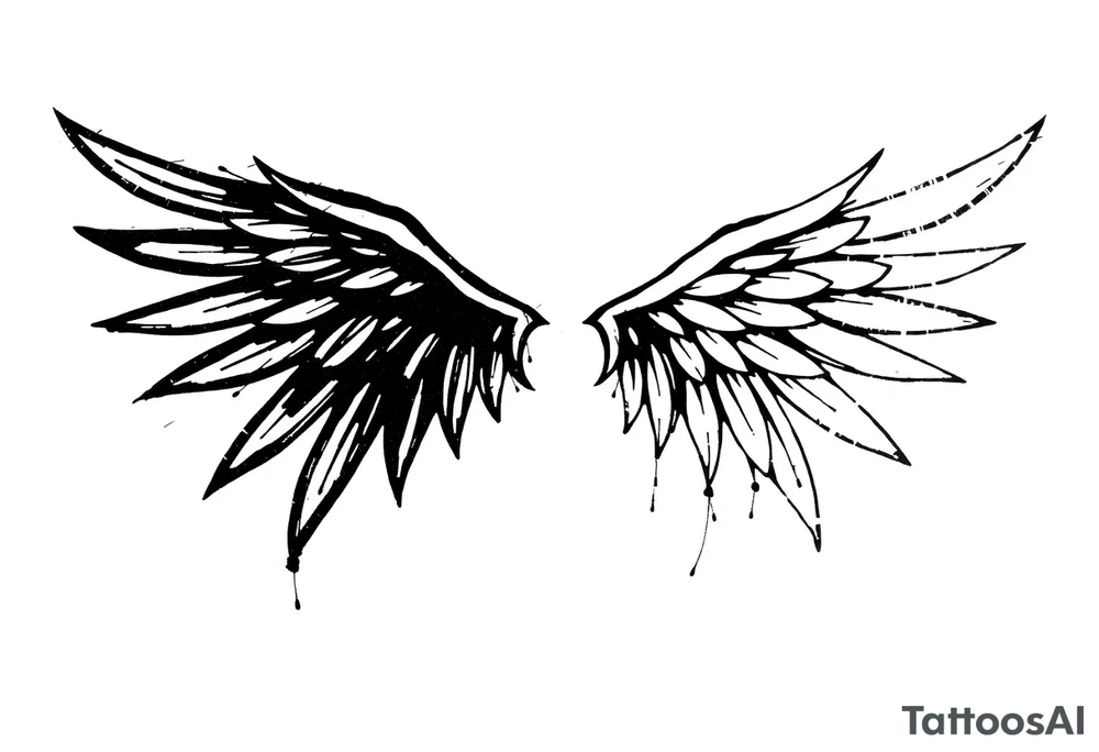 This tattoo design features a pair of asymmetrical angel wings drawn in black ink with a rough, sketch-like style. The left wing is darker, more defined, and appears denser, while the right wing is lighter, more delicate, and fragmented, creating a contrast between the two. The feathers are sharp and irregular, with fine lines and stray strokes extending outward, adding a raw and artistic feel. The overall look is dynamic and slightly chaotic, giving the impression of movement or an unfinished, ethereal form. This design symbolizes duality, freedom, transformation, or even struggle, making it a meaningful and visually striking tattoo. tattoo idea