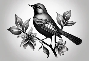 Design a small, elegant tattoo of a nightingale in a gentle pose, surrounded by soft musical notes or floral elements tattoo idea