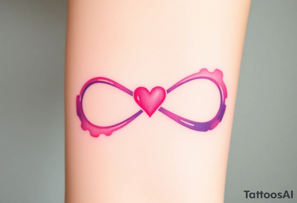 A soft watercolor full infinity symbol blending pink and purple hues, with a tiny heart at the center, creating a dreamy effect tattoo idea