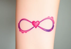 A soft watercolor full infinity symbol blending pink and purple hues, with a tiny heart at the center, creating a dreamy effect tattoo idea