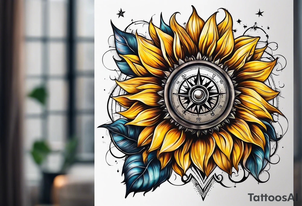 Sunflower next to a compass tattoo idea