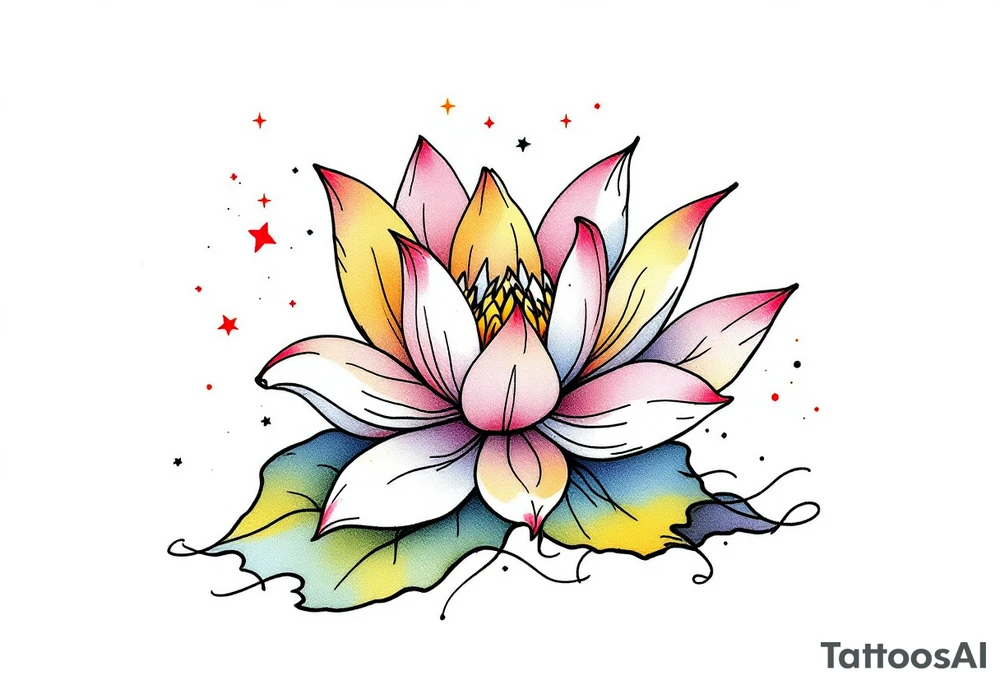 tiny colorful celestial with lotus flower tattoo idea