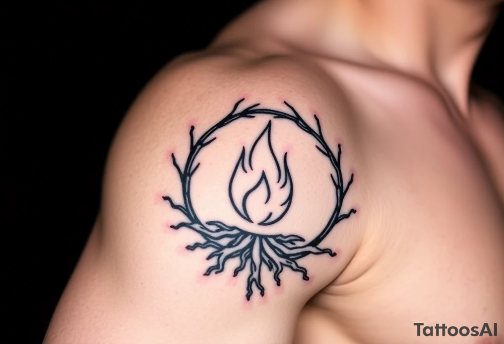 a round flame imprisoned in a roots circle tattoo idea
