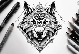 Legend of zelda link wolf in profile, in the center of his forhead is a diamond shape with a dot in the middle done in the style of black line work tattoo idea