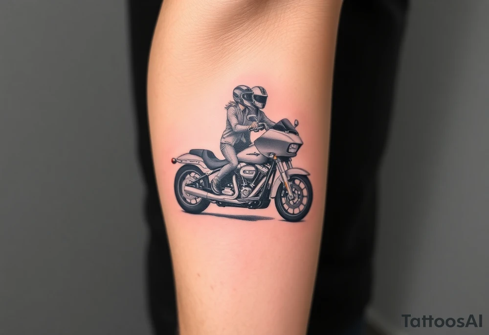 a two person on a Harley Road Glide 2018 on a forearm and a harley's engine on the top of the hand make it as realistic and use the arm to place the tatoo tattoo idea