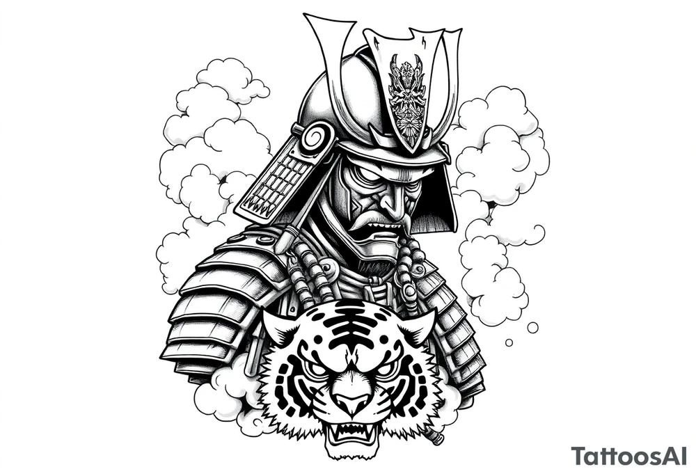 samurai warrior wearing a helmet. Some clouds around, with a tiger’s head beneath, and a samurai sword. This should be a good tattoo for forearm tattoo idea