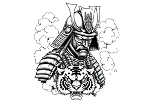 samurai warrior wearing a helmet. Some clouds around, with a tiger’s head beneath, and a samurai sword. This should be a good tattoo for forearm tattoo idea
