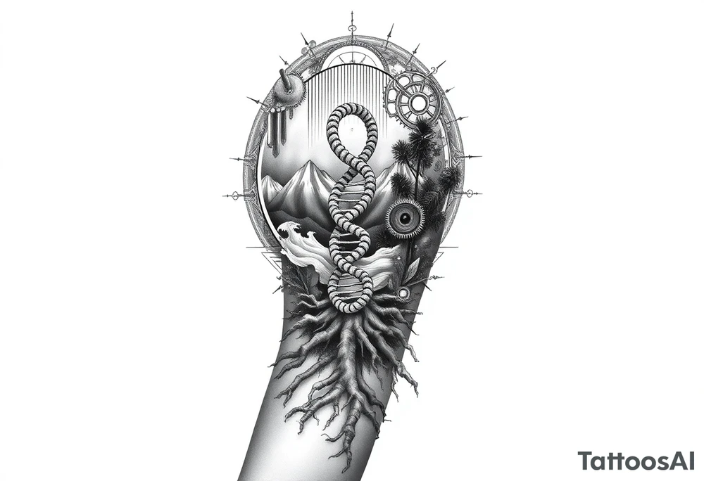 Full sleeve tattoo design for a left arm, vertical composition. A surreal blend of Southern California landscapes including desert dunes, snow-capped mountains, and ocean waves. The landscapes are integrated into a 3D geometric and biomechanical framework with gears, droid-like metallic components, and Matrix-style digital rain. In the center, a double helix DNA strand transitions into tree roots. Style: Alex Grey visionary art meets TOOL aesthetic. High contrast black and grey with subtle glowing amber highlights. Hyper-realistic, 8k, white background tattoo idea