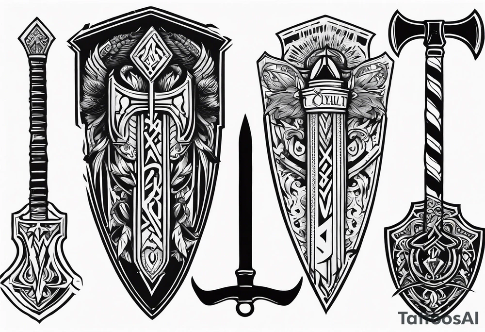 Valhalla sword shield axe tattoo idea