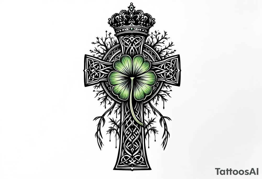 Masculine Celtic cross tattoo featuring intricate knotwork patterns along the arms and base of the cross. At the heart of the cross, place a vibrant four-leaf clover, its leaves shaded with subtle gradients of green, symbolizing luck and unity. Above the cross, incorporate a regal crown adorned with ornate details, such as small gemstones or filigree, to signify authority and strength. Behind the cross add more celtic knots and a celtic tree of life tattoo idea