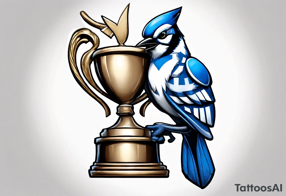 bluejay in a suit holding a trophy tattoo idea