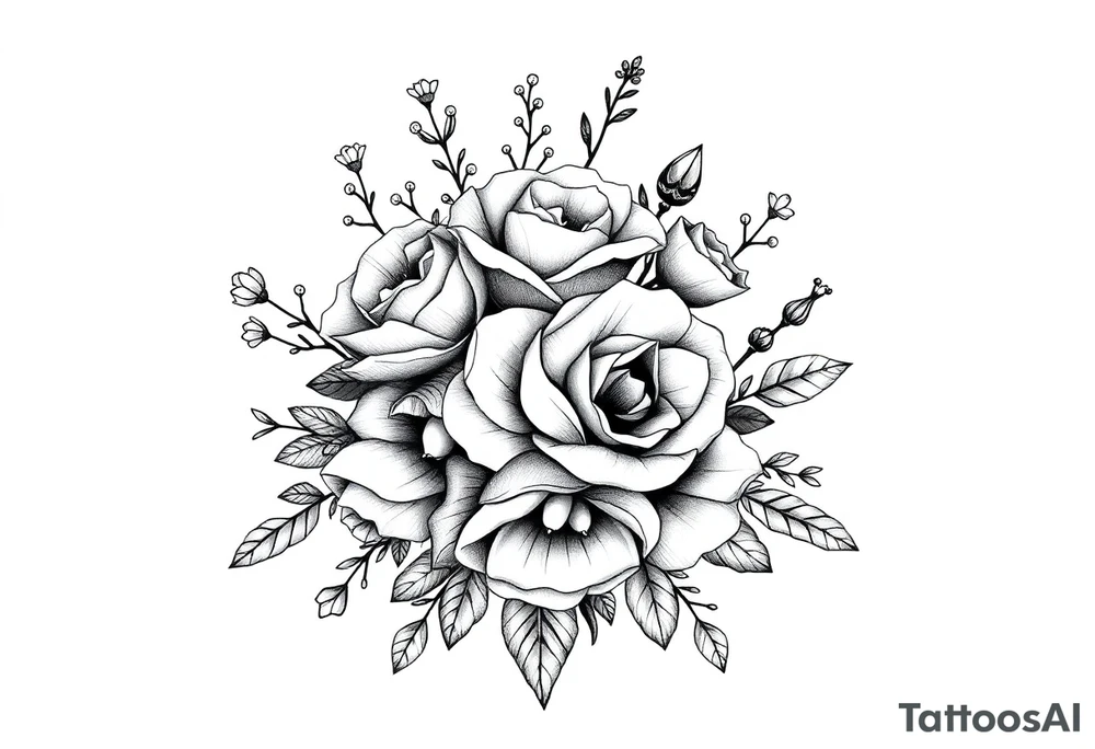 Geometric vintage bouquet of wild roses and meadow flowers with morning dew tattoo idea