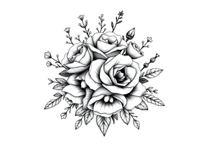 Geometric vintage bouquet of wild roses and meadow flowers with morning dew tattoo idea