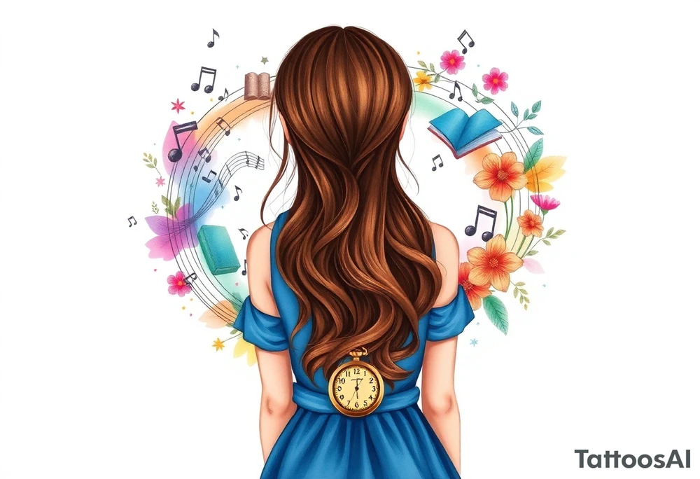 Back view of the silhouette of a brown hair girl in a blue dress. She is following a colorful swirl with music notes, books, and flowers. A pocket watch is at the end of the swirl. tattoo idea