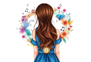 Back view of the silhouette of a brown hair girl in a blue dress. She is following a colorful swirl with music notes, books, and flowers. A pocket watch is at the end of the swirl. tattoo idea