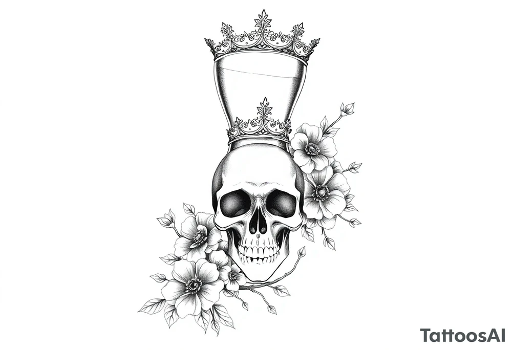 Hourglass with detailed beautiful gothic boho flowers on vine and skull with gorgeous crown tattoo idea
