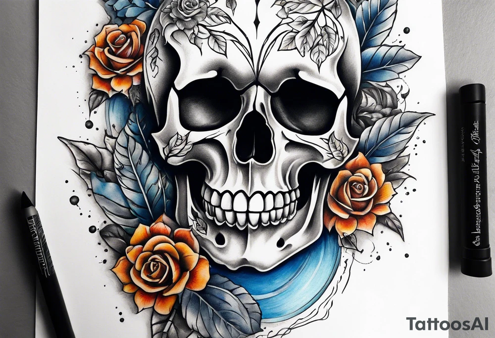 Front knee tattoo with fall colors, small flowers, rose, dvil skull, leaves, blue water flows with washes and background tattoo idea
