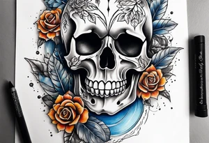 Front knee tattoo with fall colors, small flowers, rose, dvil skull, leaves, blue water flows with washes and background tattoo idea