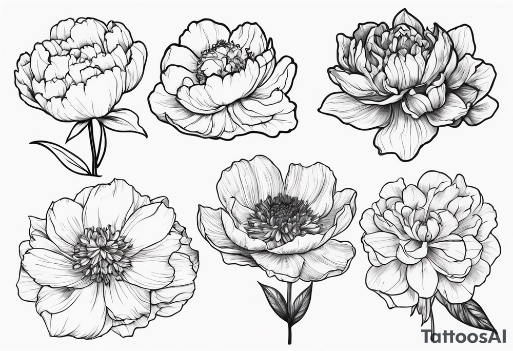 tattoo design with 8 flowers: peony, carnation, daffodil, daphne, dahlia, desiree, daisy and rose and label the flower name tattoo idea