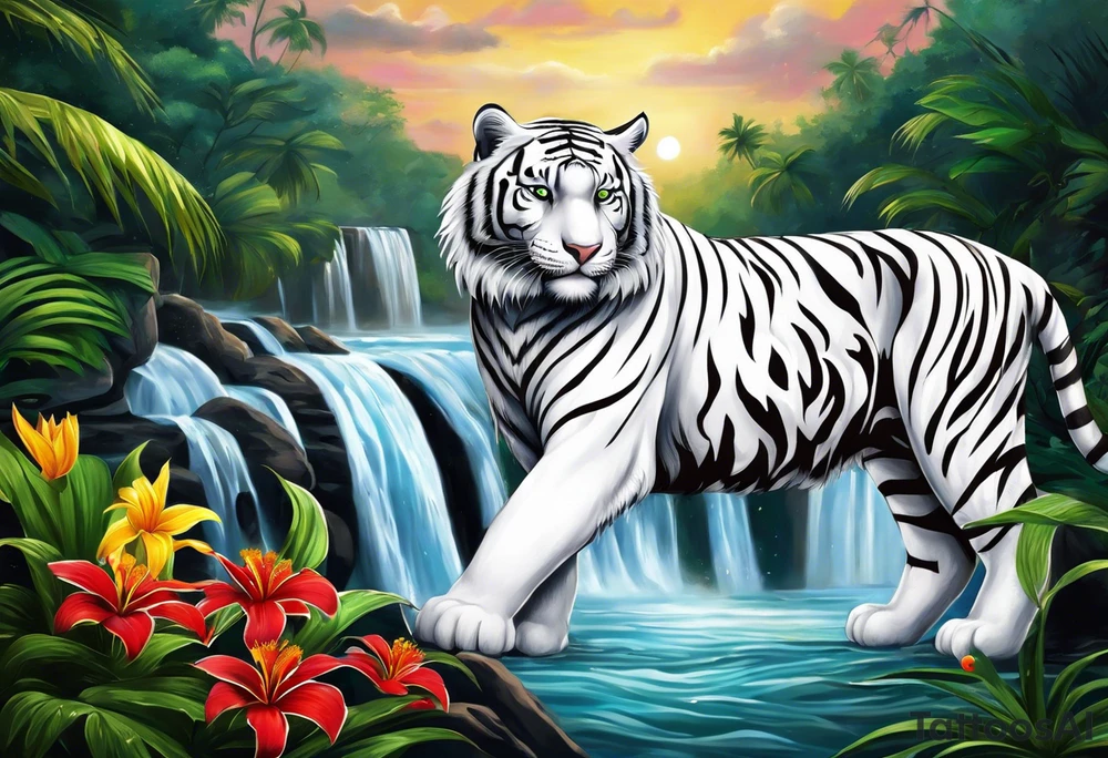 A white tiger and black tiger on opposite sides of a waterfall with an calligraphy ink container at the top and the Bahamian and Jamaican flag on opposite sides. tattoo idea