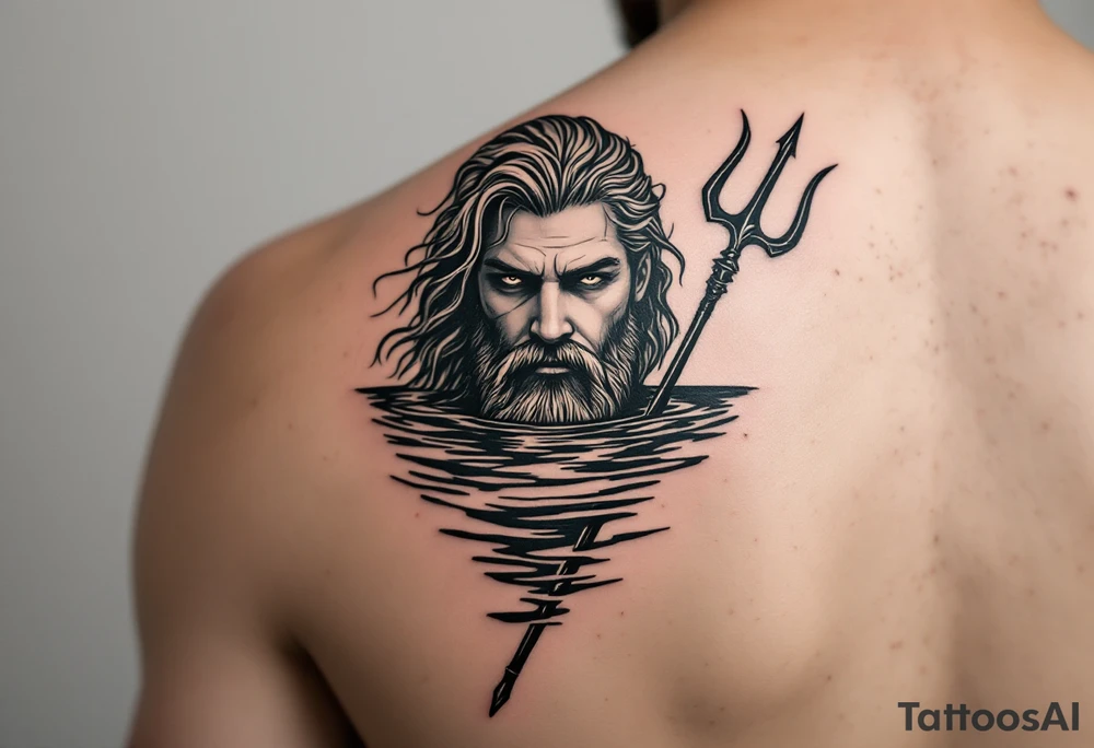 Poseidon half way under calm water with trident tattoo idea