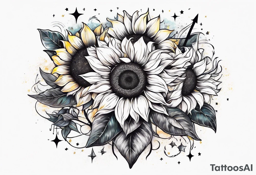 elegant tattoo with sunflower surrounded by cosmic stars and arrow tattoo idea