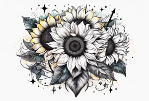 elegant tattoo with sunflower surrounded by cosmic stars and arrow tattoo idea
