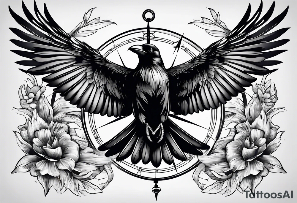 flying crow with compass tattoo idea