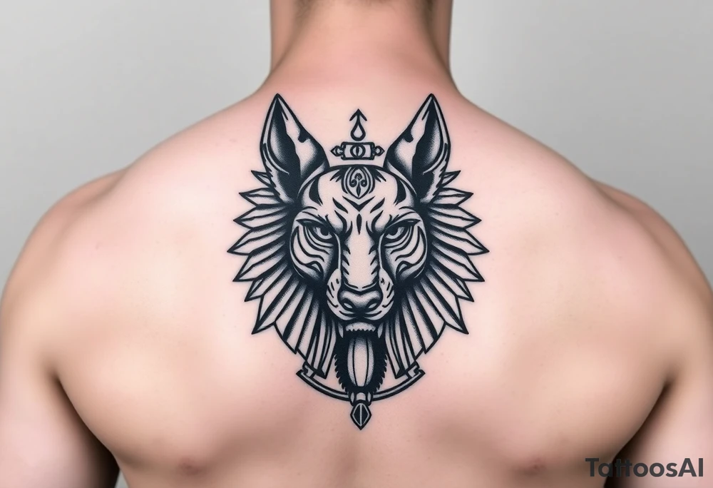 Egyptian Anubis god powerful face muscle in Egypt style dog face surrounded Egyptian symbols based on five elements tattoo idea