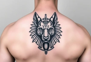 Egyptian Anubis god powerful face muscle in Egypt style dog face surrounded Egyptian symbols based on five elements tattoo idea