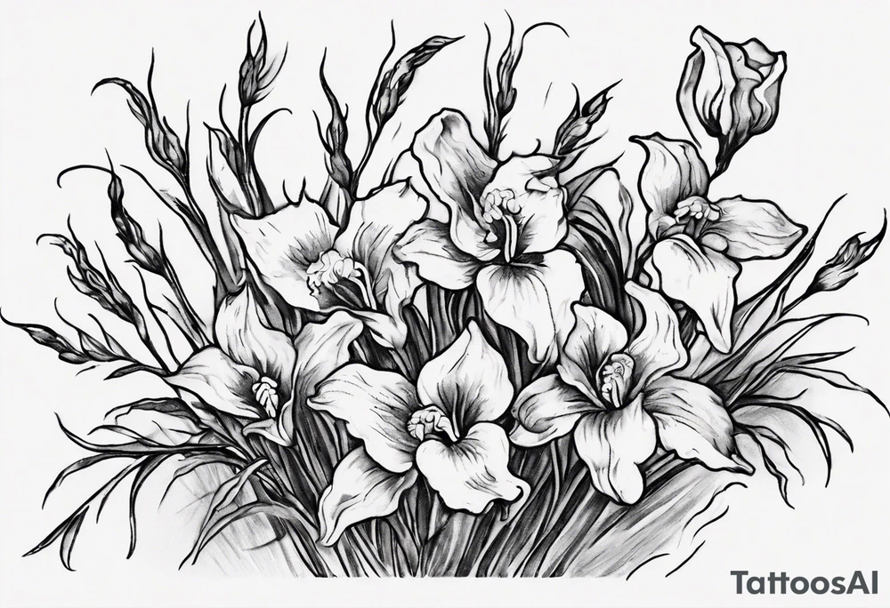 Create a small Vincent van Gogh art tattoo. The intended placement is on the upper chest. The overall design should be small in size while maintaining a delicate and artistic aesthetic. Pay attention to the graceful flow of the vines and the placement of the irises to achieve a refined and elegant look. tattoo idea