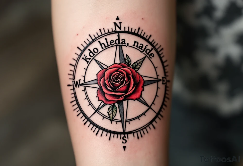 "Kdo hleda, najde." — A black compass with a crimson rose in the center, symbolizing the journey and discovery behind the words "Kdo hleda, najde" wrapped around the border. tattoo idea