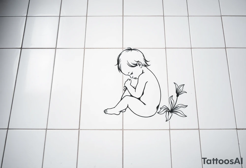 A simple tile floor with a minimalist outline of a curled up child sitting on the floor with a lily next to her tattoo idea
