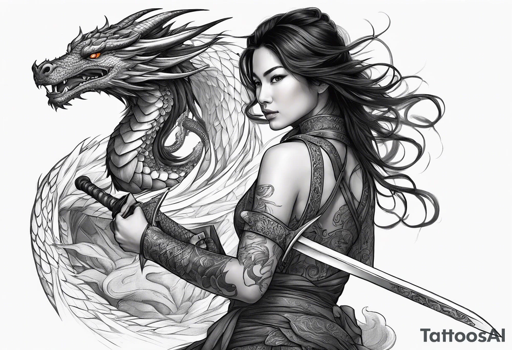 Women holding a sword powerful Beauty black hair flawlessly a dragon behind her fiercely protection tattoo idea
