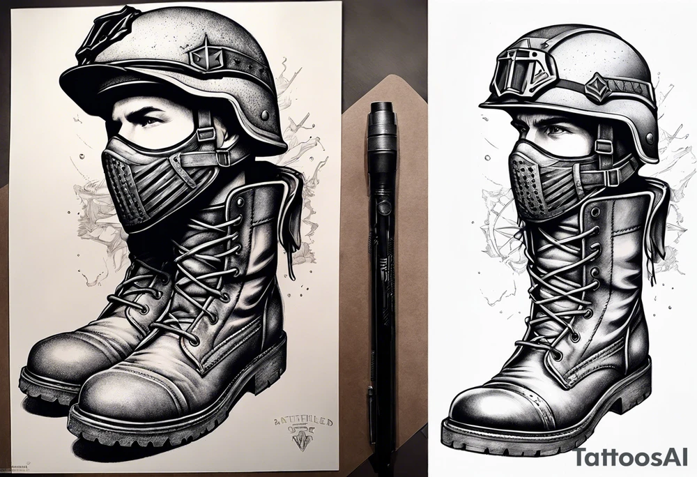 battlefield cross with helmet, m-16 and boots tattoo idea