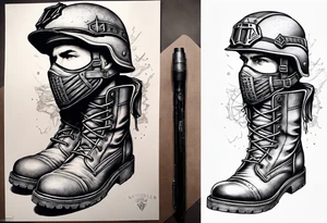 battlefield cross with helmet, m-16 and boots tattoo idea